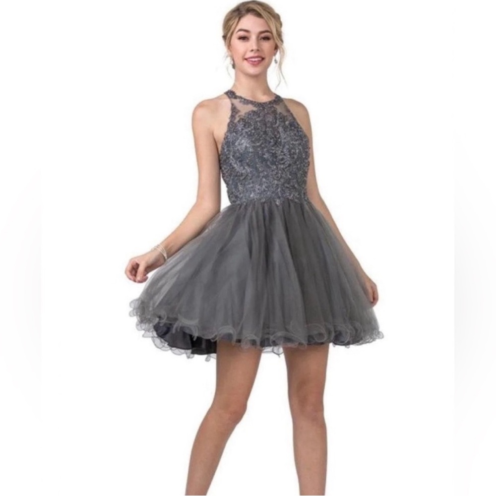 COYA collection charcoal gray fit and flare formal dress